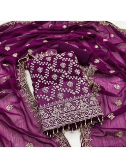 Zeepkart - Vichitra Silk Blend Purple Embroidered Unstitched Dress Material (Set of 3)