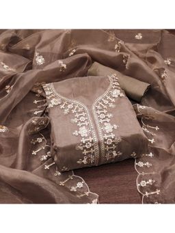 Zeepkart - Vichitra Organza Silk Taupe Embroidered Sequined Unstitched Dress Material (Set of 3)