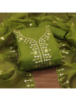 Zeepkart - Vichitra Organza Silk Green Embroidered Sequined Unstitched Dress Material (Set of 3)