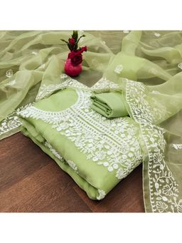 Zeepkart - Vichitra Organza Silk Green Embroidered Thread Work Unstitched Dress Material (Set of 3)