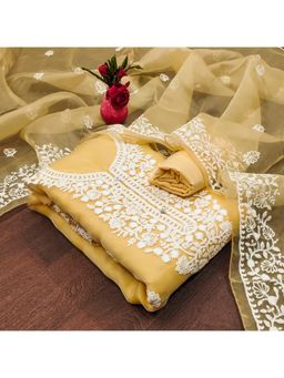 Zeepkart - Vichitra Organza Silk Mustard Embroidered Thread Work Unstitched Dress Material (Set of 3)