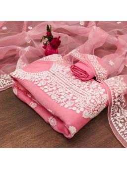 Zeepkart - Vichitra Organza Silk Pink Embroidered Thread Work Unstitched Dress Material (Set of 3)