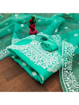 Zeepkart - Vichitra Organza Silk Green Embroidered Thread Work Unstitched Dress Material (Set of 3)