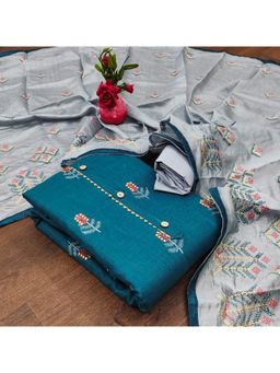 Zeepkart - Vichitra Cotton Blend Blue Embroidered Sequined Unstitched Dress Material (Set of 3)