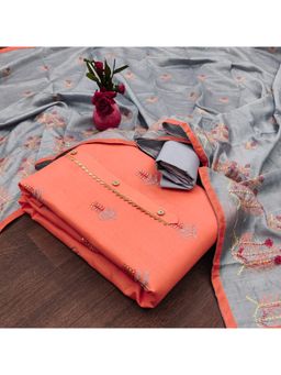 Zeepkart - Vichitra Cotton Blend Orange Embroidered Sequined Unstitched Dress Material (Set of 3)