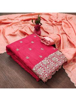 Zeepkart - Vichitra Silk Blend Pink Embroidered Thread Work Unstitched Dress Material (Set of 3)
