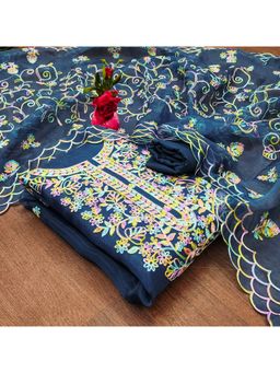 Zeepkart - Vichitra Organza Silk Blue Embroidered Thread Work Unstitched Dress Material (Set of 3)