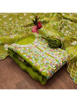 Zeepkart - Vichitra Organza Silk Green Embroidered Thread Work Unstitched Dress Material (Set of 3)