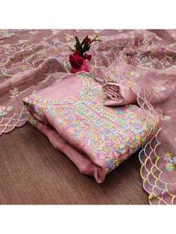 Zeepkart - Vichitra Organza Silk Pink Embroidered Thread Work Unstitched Dress Material (Set of 3)