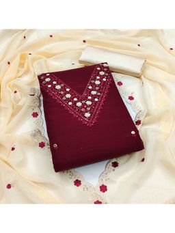 Zeepkart - Vichitra Organza Silk Maroon Embroidered Sequined Unstitched Dress Material (Set of 3)