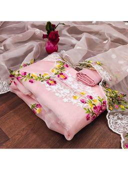 Zeepkart - Vichitra Organza Silk Pink Embroidered Lace Work Unstitched Dress Material (Set of 3)