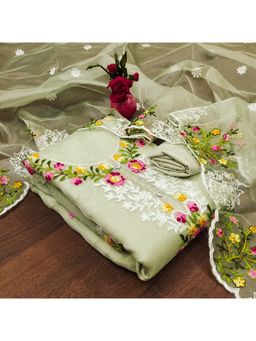 Zeepkart - Vichitra Organza Silk Olive Embroidered Lace Work Unstitched Dress Material (Set of 3)