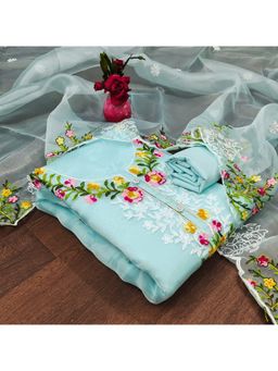 Zeepkart - Vichitra Organza Silk Blue Embroidered Lace Work Unstitched Dress Material (Set of 3)