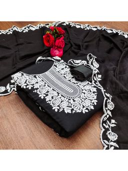 Zeepkart - Vichitra Chanderi Black Embroidered Thread Work Unstitched Dress Material (Set of 3)