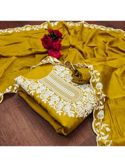 Zeepkart - Vichitra Chanderi Mustard Embroidered Thread Work Unstitched Dress Material (Set of 3)