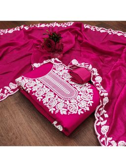 Zeepkart - Vichitra Chanderi Pink Embroidered Thread Work Unstitched Dress Material (Set of 3)