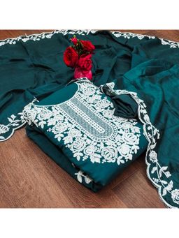 Zeepkart - Vichitra Chanderi Blue Embroidered Thread Work Unstitched Dress Material (Set of 3)