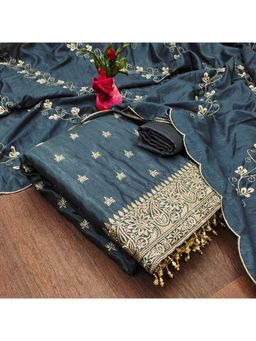 Zeepkart - Vichitra Silk Blend Grey Embroidered Unstitched Dress Material (Set of 3)