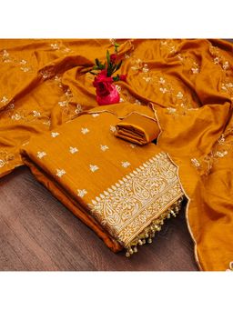Zeepkart - Vichitra Silk Blend Orange Embroidered Unstitched Dress Material (Set of 3)