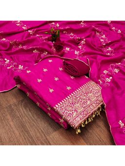 Zeepkart - Vichitra Silk Blend Pink Embroidered Unstitched Dress Material (Set of 3)