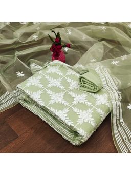 Zeepkart - Vichitra Organza Silk Green Embroidered Lace Work Unstitched Dress Material (Set of 3)