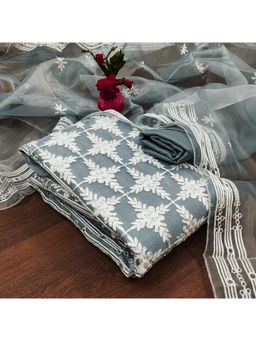Zeepkart - Vichitra Organza Silk Grey Embroidered Lace Work Unstitched Dress Material (Set of 3)