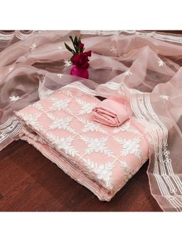 Zeepkart - Vichitra Organza Silk Pink Embroidered Lace Work Unstitched Dress Material (Set of 3)
