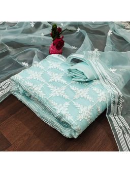 Zeepkart - Vichitra Organza Silk Blue Embroidered Lace Work Unstitched Dress Material (Set of 3)