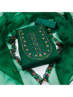 Zeepkart - Vichitra Organza Silk Green Embroidered Sequined Unstitched Dress Material (Set of 3)