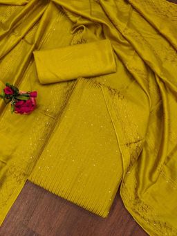 Zeepkart - Vichitra Chanderi Yellow Embroidered Sequined Unstitched Dress Material (Set of 3)