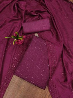 Zeepkart - Vichitra Chanderi Purple Embroidered Sequined Unstitched Dress Material (Set of 3)
