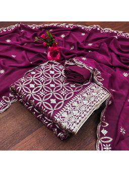 Zeepkart - Vichitra Silk Blend Purple Embroidered Sequined Unstitched Dress Material (Set of 3)