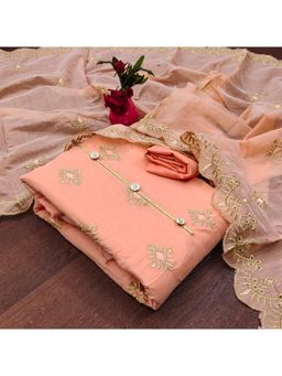 Zeepkart - Vichitra Chanderi Orange Embroidered Thread Work Unstitched Dress Material (Set of 3)