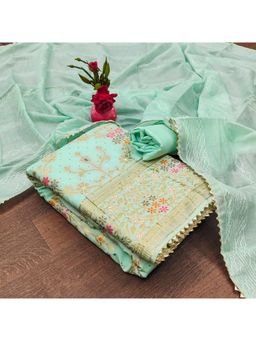 Zeepkart - Vichitra Chanderi Turquoise Woven Unstitched Dress Material (Set of 3)