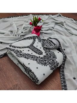 Zeepkart - Vichitra Georgette Grey Embroidered Thread Work Unstitched Dress Material (Set of 3)