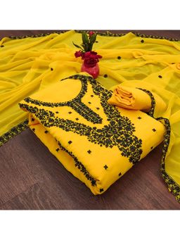 Zeepkart - Vichitra Georgette Yellow Embroidered Thread Work Unstitched Dress Material (Set of 3)