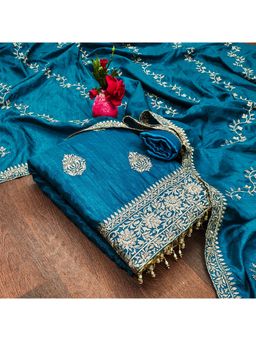 Zeepkart - Vichitra Silk Blend Blue Embroidered Unstitched Dress Material (Set of 3)