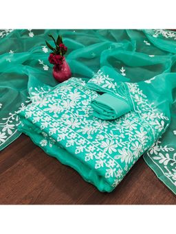 Zeepkart - Vichitra Organza Silk Turquoise Embroidered Lace Work Unstitched Dress Material (Set of 3)
