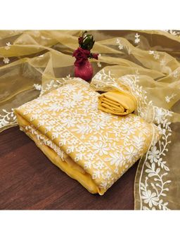 Zeepkart - Vichitra Organza Silk Yellow Embroidered Lace Work Unstitched Dress Material (Set of 3)