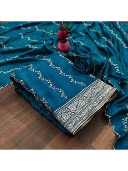 Zeepkart - Vichitra Silk Blend Blue Embroidered Thread Work Unstitched Dress Material (Set of 3)