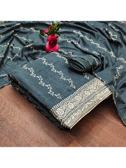 Zeepkart - Vichitra Silk Blend Grey Embroidered Thread Work Unstitched Dress Material (Set of 3)