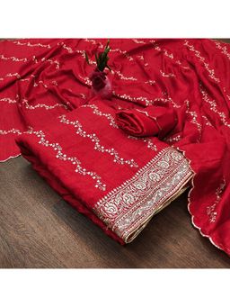 Zeepkart - Vichitra Silk Blend Red Embroidered Thread Work Unstitched Dress Material (Set of 3)