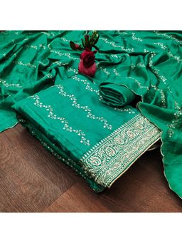 Zeepkart - Vichitra Silk Blend Green Embroidered Thread Work Unstitched Dress Material (Set of 3)
