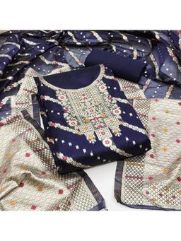 Zeepkart - Vichitra Banarasi Navy Blue Woven Unstitched Dress Material (Set of 3)