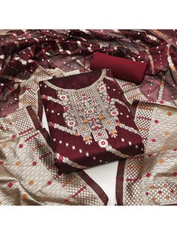 Zeepkart - Vichitra Banarasi Maroon Woven Unstitched Dress Material (Set of 3)