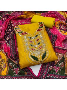 Zeepkart - Vichitra Silk Blend Yellow Embroidered Sequined Unstitched Dress Material (Set of 3)