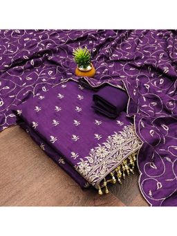 Zeepkart - Vichitra Silk Blend Purple Embroidered Unstitched Dress Material (Set of 3)
