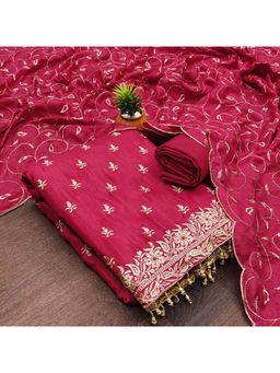 Zeepkart - Vichitra Silk Blend Pink Embroidered Unstitched Dress Material (Set of 3)