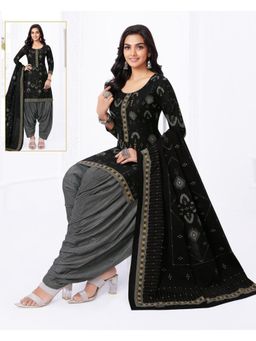 Zeepkart - Vichitra Cotton Blend Black Printed Unstitched Dress Material (Set of 3)