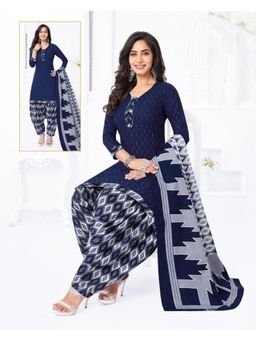 Zeepkart - Vichitra Cotton Blend Blue Embroidered Printed Unstitched Dress Material (Set of 3)